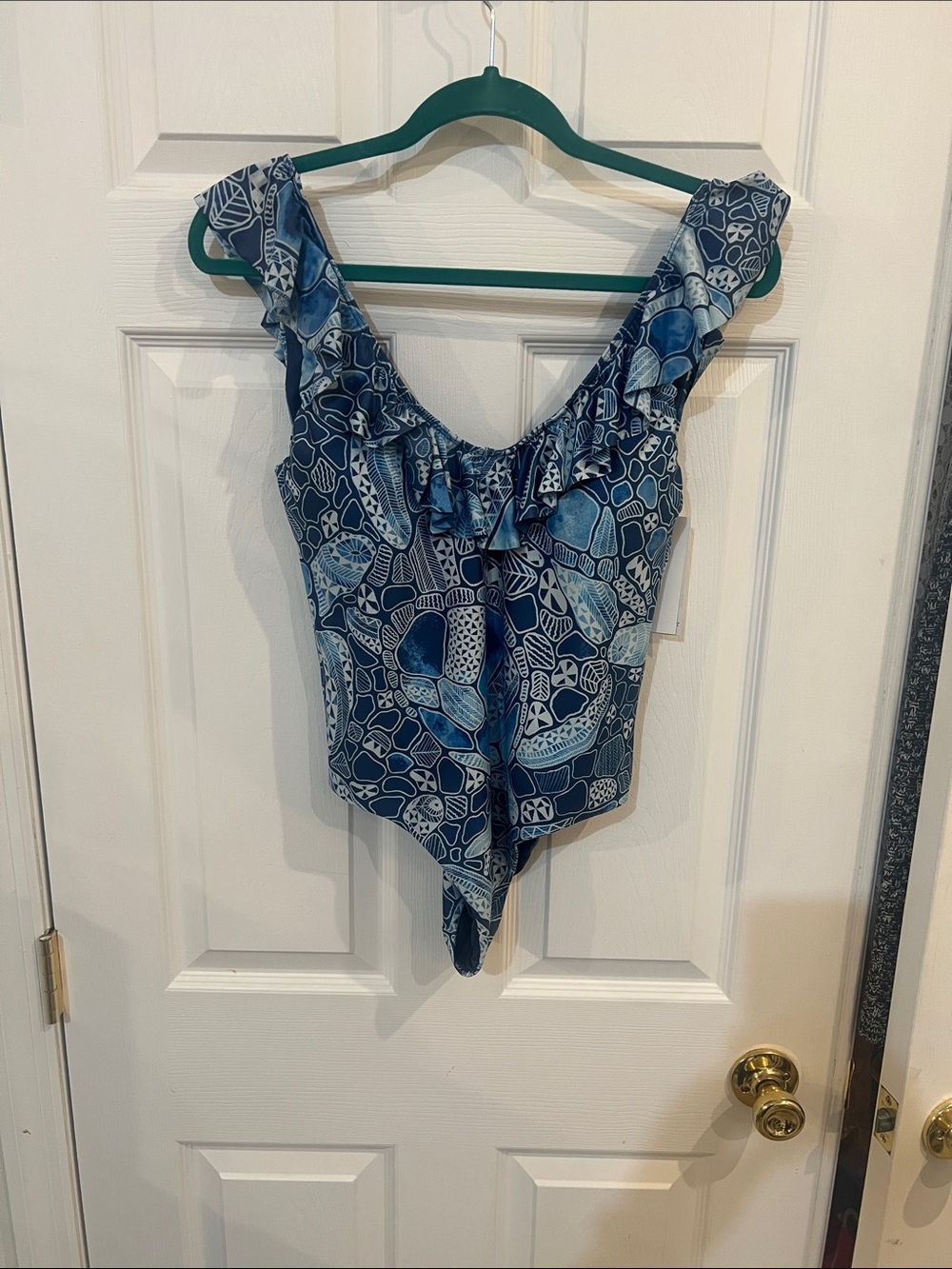 Kenny Flowers Blue Patterned One-Piece Swimsuit with Ruffle B200 NWT